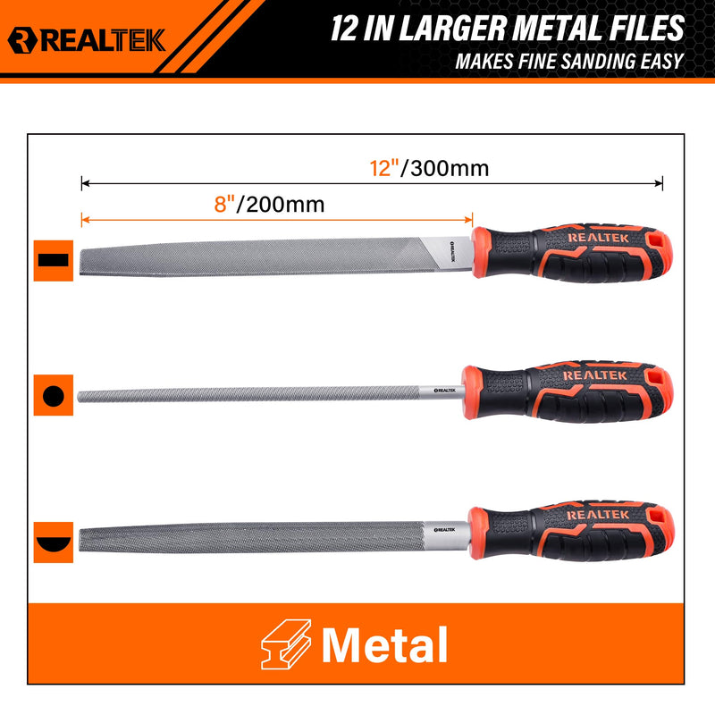 REALTEK 3-Piece Metal File Set, 12-inch Double Sided Steel Set, Includes Half-Round/Round/Flat Files, T12 Carbon Sharpening File, Professional Hand Files for Hard Metal Shaping MetalFiles-3pc
