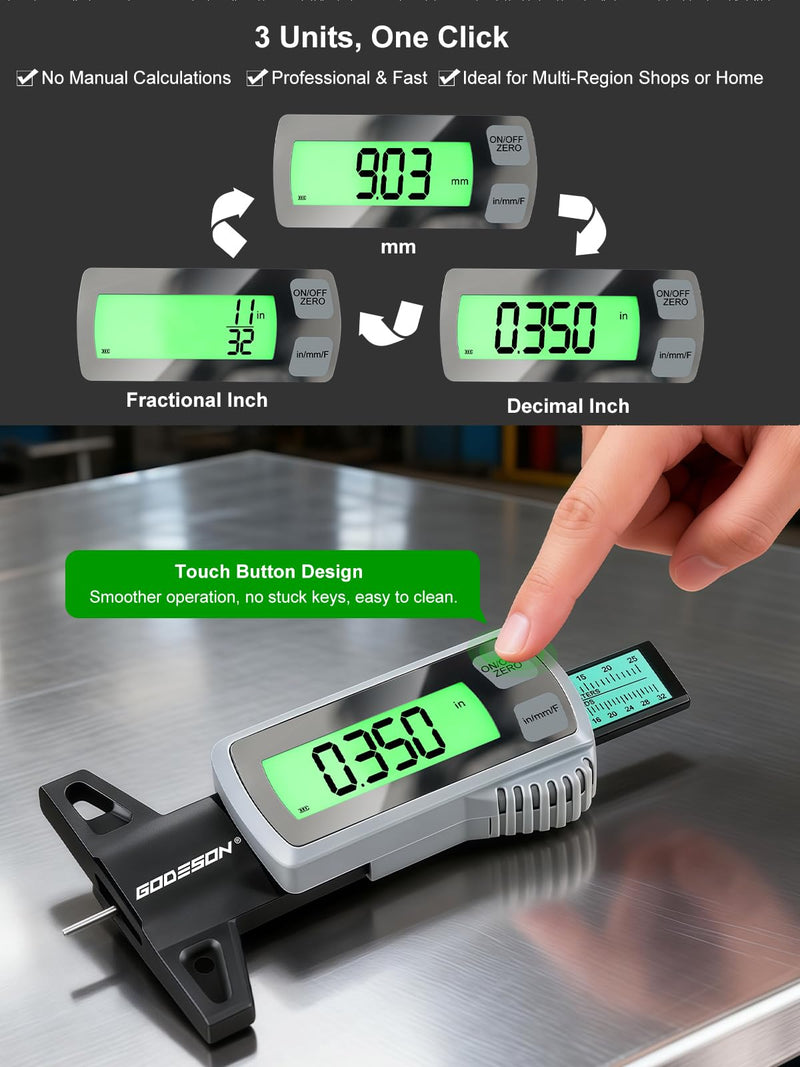GODESON Tire Tread Depth Gauge,Rechargeable Digital Tire Depth Gauge - USB-C,3-Unit Switch (mm/Decimal/Fraction Inch), Backlit LCD Display, Auto Power Off, 0-32NDS for Car/SUV/Truck Wear Measurement