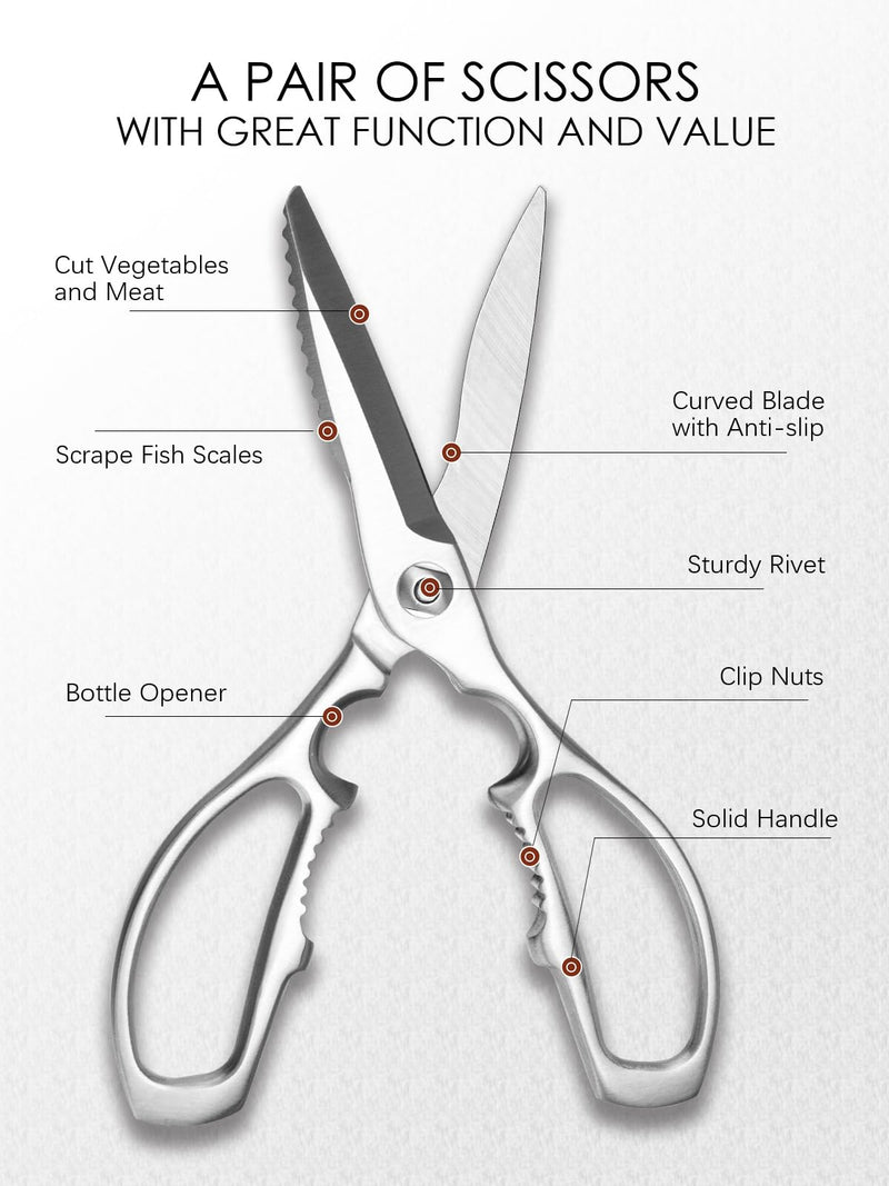 Heavy-Duty Kitchen Scissors Forged from Stainless Steel, Kitchen Shears for Food, Ideal Cooking & Culinary Scissors for Meat, Poultry and Vegetables, Dishwasher Safe, 5-Year Warranty Silver