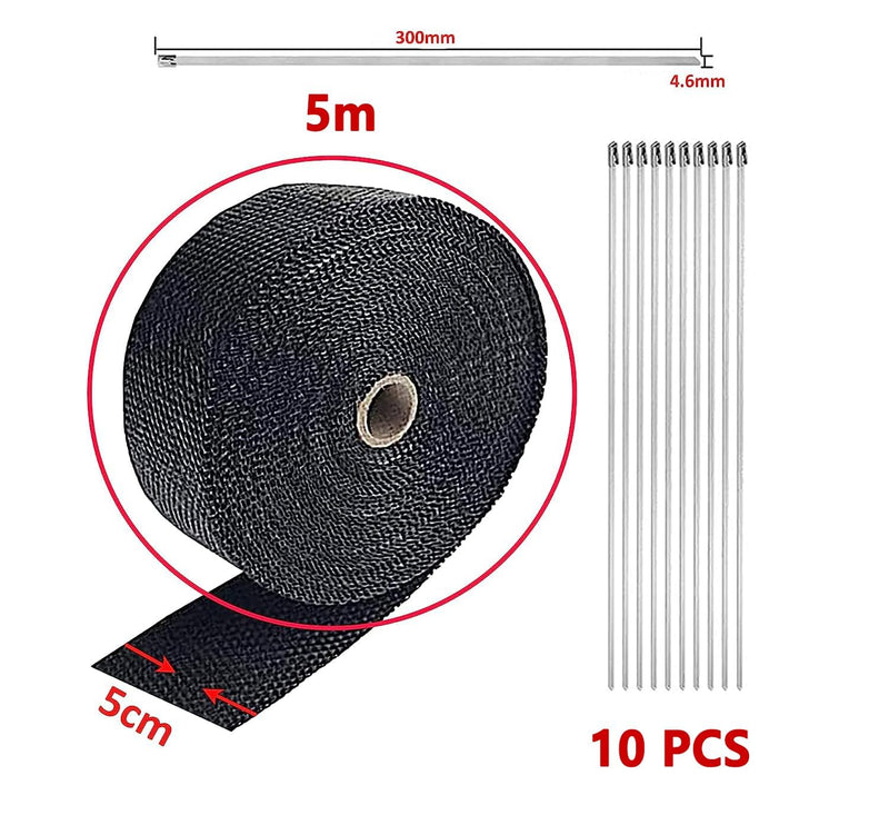 Deecam Exhaust Heat Wrap, 2'' x 16.5' Black Fiberglass Heat Resistant Exhaust Wrap Roll for Motorcycle, Car Exhaust Pipe Heat Insulation Muffler Tape with 10 Stainless Locking Ties 5M