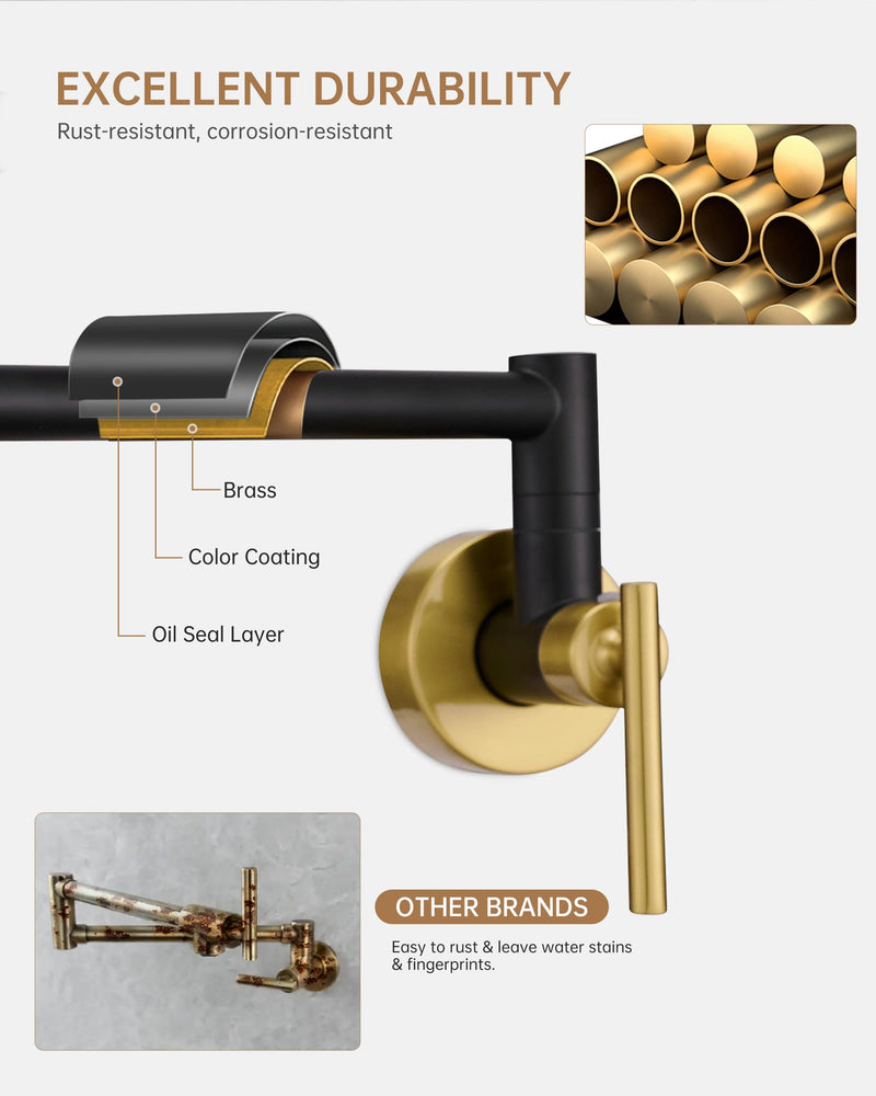 Fransiton Black Gold Pot Filler, Pot Filler Faucet Wall Mount, Brass Folding Stretchable with Double Joint Swing Arm Single Hole Two Handles Kitchen Black & Gold