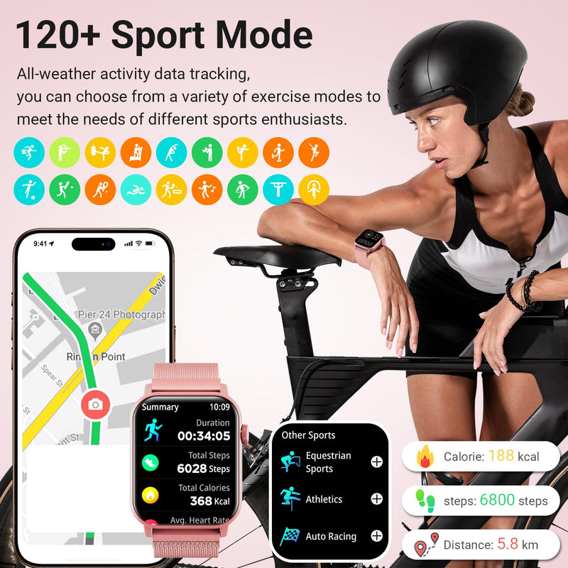 Trendia Smart Watches for Women, 1.83'' HD Fitness Tracker with Answer/Make Calls, Heart Rate/Sleep/SpO2 Monitor, 120+ Sport Modes, IP68 Waterproof, Compatible iPhone/Android Rose Pink