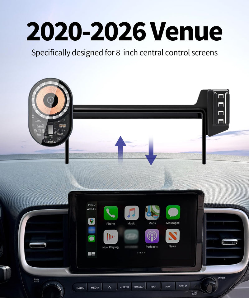 Wireless Charging Car Phone Holder for Hyundai Venue 2020-2026, 8" Screen | Magsafe Accessories Fast Charging Magnetic Cell Phone Holder Clip Compatible with iPhone Android, 3D Fit Vehicle Phone Stand