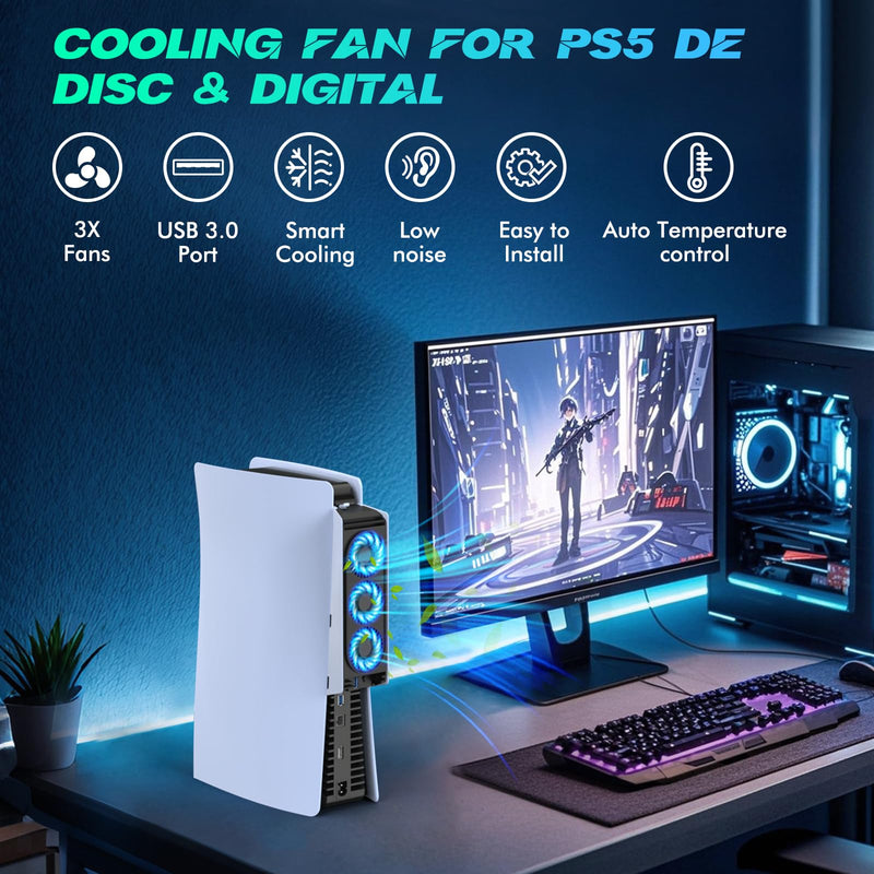 Upgraded Cooling Fan for PS5 Console,Quiet & Efficient Cooler with LED Light and USB 3.0 Port, Dual-Speed PlayStation 5 Cooling System for Disc & Digital Edition (Not for Slim/Pro) ps5 fan