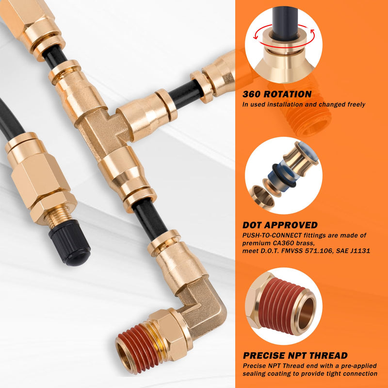 Air Line Kit for Air Spring Bag Suspension with Fittings, 30 FT PA Hose Truck Airbag Line with 1/4 NPT DOT Air Fittings, Replacement Valve for Airbag Suspension in Semi Truck Trailer 7 PCS Black