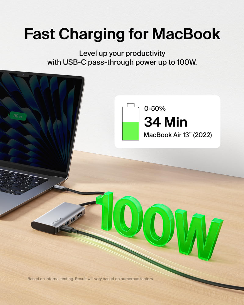 Belkin USB C Hub, 4-in-1 Multi-Port Laptop Dock with 4K HDMI, USB C Docking Station with 100 Watt Pass-Through Power Delivery, 2 X USB A Ports For MacBook Pro, Air, iPad Pro, Chromebook and More 4-in-1 USB-C Hub