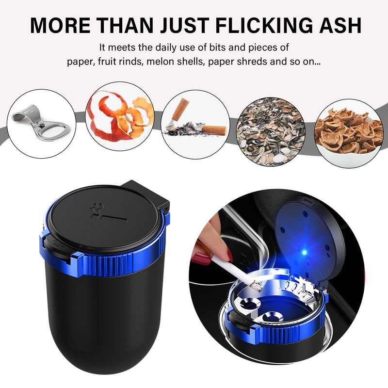Car Ashtray with Lid, Detachable Stainless Smokeless Auto Ashtray with LED Blue Light, Portable Mini Trash Can for Cup Holder, Universal Vehicle Interior Accessories (Blue)