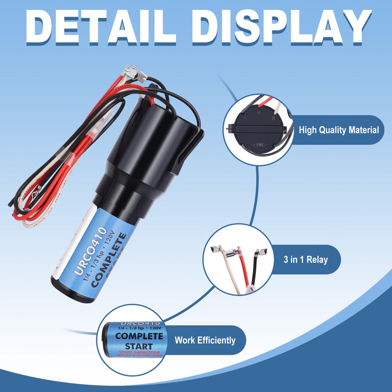 URCO410 3 in 1 Hard Start Kit Compatible with Refrigerators and Freezers (3 Pcs), 115V AC Solid State Relay Overload Protection for 1/4 to 1/3 HP Compressor Hard Start Capacitor URCO410