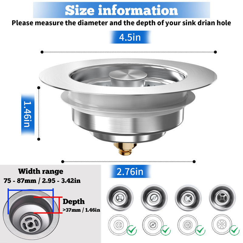 Upgraded 3 in 1 Kitchen Sink Drain Strainer Stopper, Brushed Stainless Steel SUS 304 Pop Up Sink Drain Stopper for Standard 3-1/2 Inch Drain Anti-Clogging Odor Prevention SUS304Drain+SUS304Strainer-2Pack