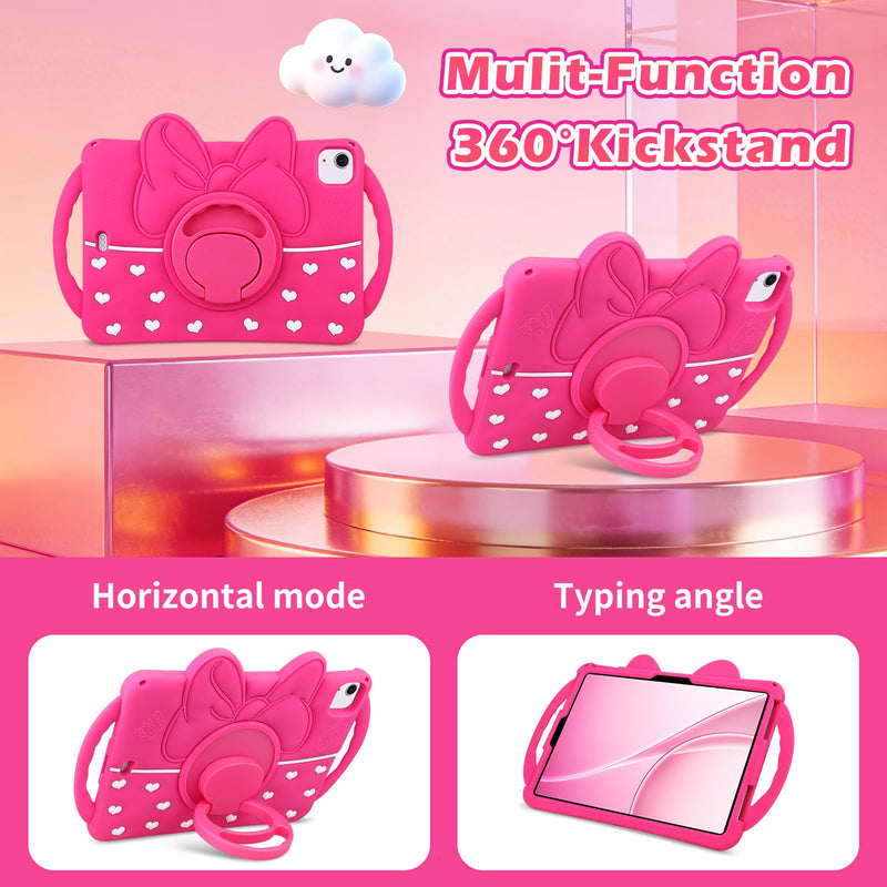 JAKPAK Kids Case for iPad Air 11-inch M4 M3 M2/Air 5th 4th Gen/Pro 11” | 360° Rotating Kickstand, Double Handle, Soft Silicone Shockproof Tablet Case, Cute Bow Heart iPad 11 Cover, Kids Friendly Hot Pink for iPad Air 11inch /Air 5th 4th