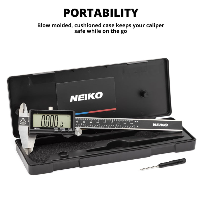 NEIKO 01401A 6-Inch Electronic Digital Caliper, Stainless Steel, Extra Large LCD Screen, Measurement Conversions for Inches, Millimeters, and Fractions 6 Inch, XL Screen