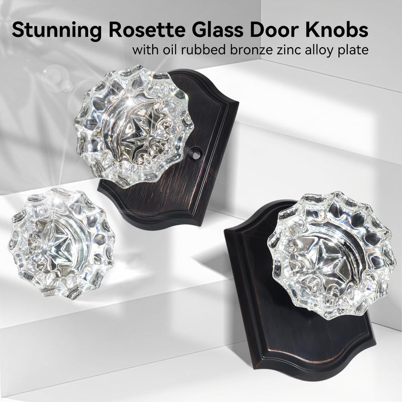 Crystal Door Knobs Interior, Oil Rubbed Bronze Antique Glass Door Knob with Lock for Bathroom Bedroom, 1 Pack Glass Doorknob Oil Rubbed Bronze-Rosette