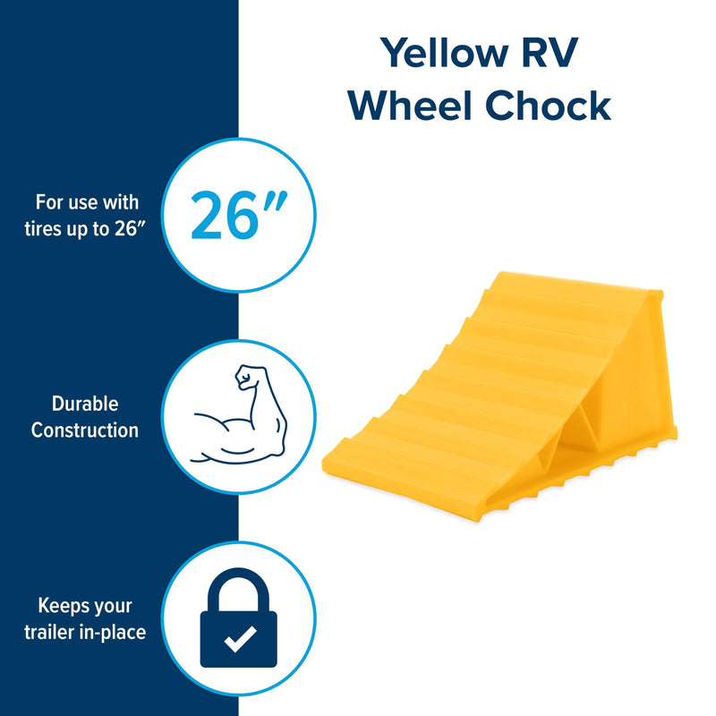 Camco Standard Wheel Chock for Trailers & RVs - Heavy Duty Trailer Wheel Chock Constructed of Durable Plastic w/UV inhibitors - for Use w/Tires Up to 26-inches - Re-Hitch in Confidence - 44412