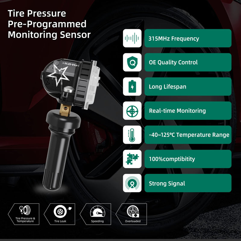 TPMS Sensor GM 4-Pack, 315MHZ Tire Pressure Monitor System for GM| GMC | Chevy | Buick | Cadillac Replace#13598771,13598772,13586335,13581558,20923680 13598771 four sensor