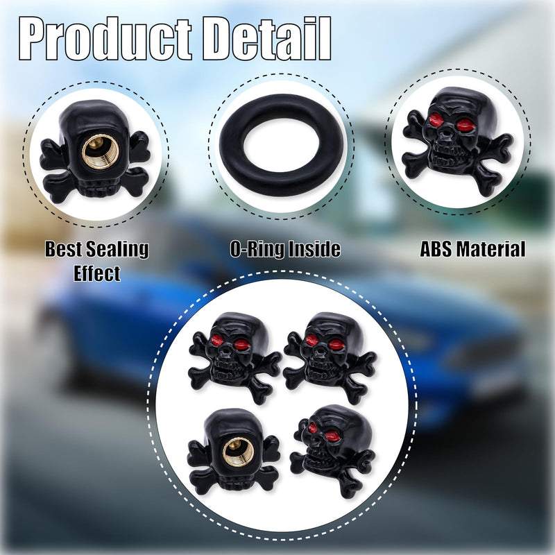 4PCS Skull Style Tire Valve Stem Caps, Dustproof Wheel Valve Covers Accessories, with Rubber O-Ring, Universal for Cars, SUVs, Bike, Bicycles,Trucks and Motorcycles (Black) 4 pcs Skull - A - Black