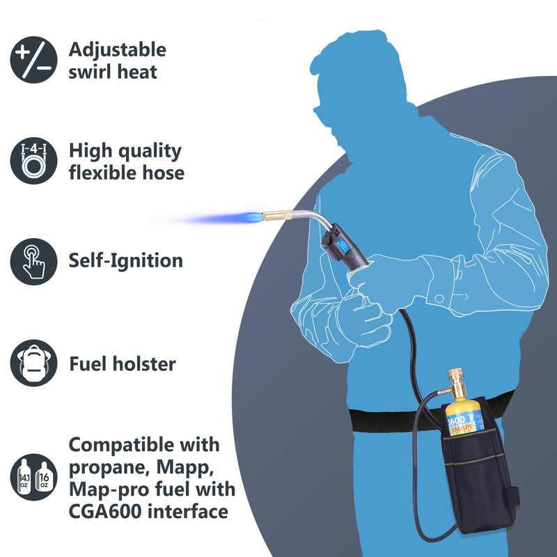 MAPP Map Gas Torch Kit with Holster, Adjustment Knob Trigger Start Propane Hose Torch for Brazing, Soldering, Welding, Plumbing, HVAC Black With a Bag