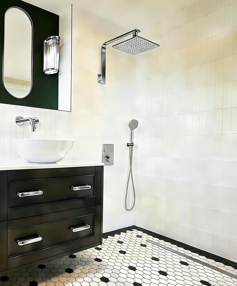 High Rise Shower Arm and Flange, 16 inch, Solid Brass, Square Shower Riser, Gooseneck Raised Shower Head Arm, Wall Mount Shower Head Extension Arm, 1/2 NPT Tapered Threads (Polished Chrome) Polished Chrome