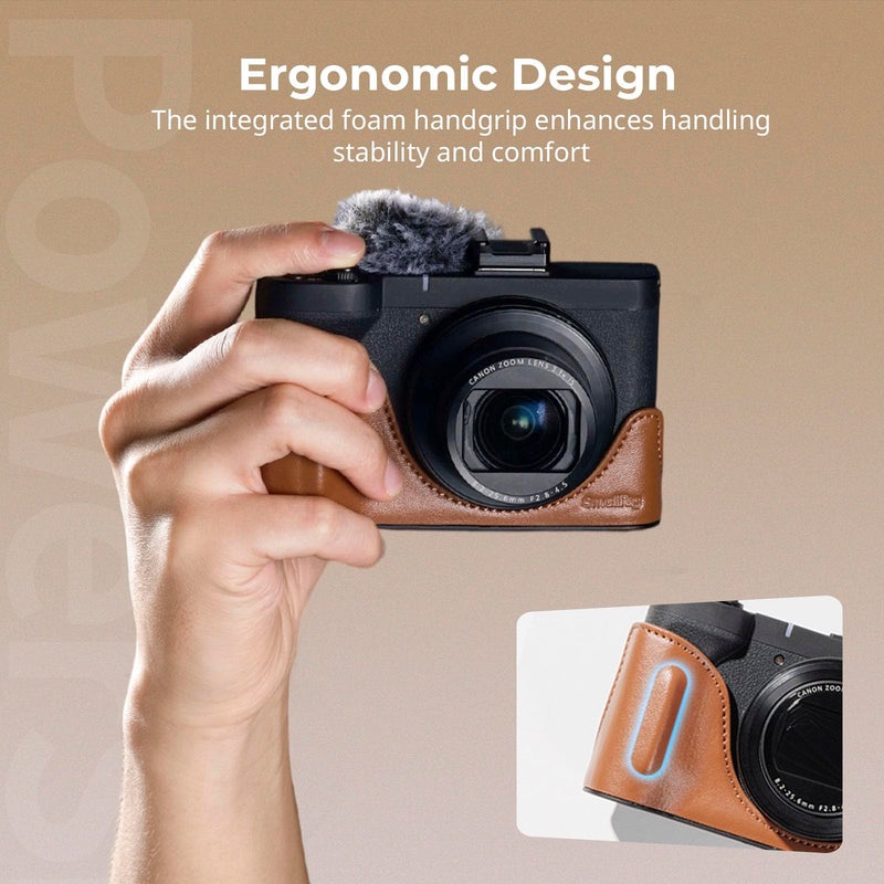 SMALLRIG PowerShot V1 Leather Case Kit for Canon, Including Half Leather Crate, Flip Case Cover, Wrist Strap & Furry Windscreen, Portable and Protecting (Brown) -5385 Brown