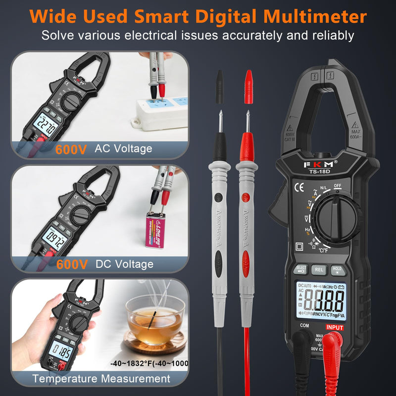 FKM AC/DC 600 Amp Clamp Meter Multimeter Tester TRMS 6000 Counts Auto-ranging Smart Digital Voltage Tester,for AC/DC Current/Voltage,NCV Detection,Capacitance,Resistance,Ohm,Continuity,Diode,Hz,Temp Black-(AC/DC Current)Clamp Meter