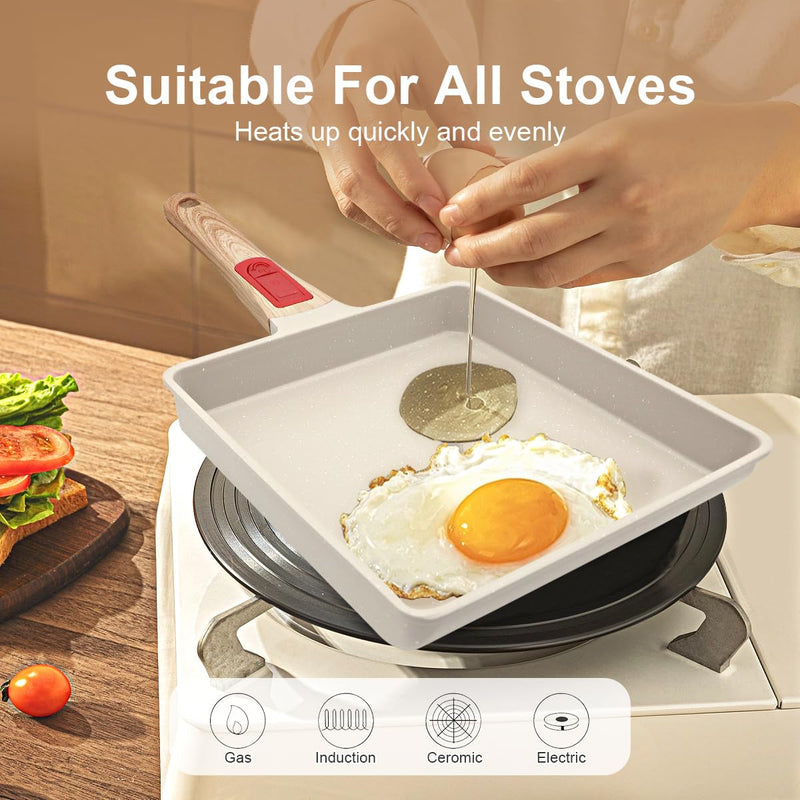 AIKENBBKK Tamagoyaki Japanese Omelette Pan, Japanese Egg Pan, Square Egg Pan Nonstick, Induction-Ready, Detachable Handle, with Silicone Spatula, PFAS & PFOA-Free, Oven Safe, White, 9" x 8.2" L