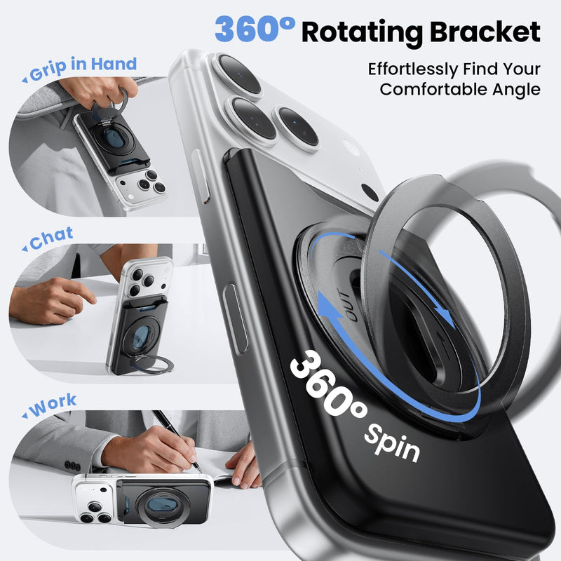 for Magsafe Wallet, 2 Card Holder, With Rotating Stand, Black | Magnetic Wallet for iPhone 17/16/15/14/13/12 Series 360° Ring Stand