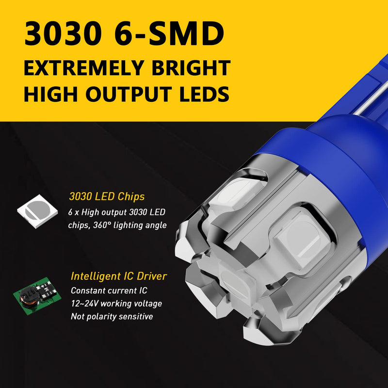PHINLION 194 LED Light Bulb Blue Super Bright 168 2825 W5W T10 Wedge 6-SMD 3030 Chipsets LED Replacement Bulbs for Car Interior Map Dome Parking Door Courtesy License Plate Lights