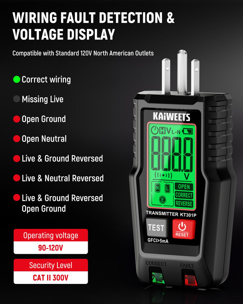 KAIWEETS Circuit Breaker Finder with LCD Display, GFCI Outlet Tester, Electrical Circuit Tracer Tool with NCV Test & Flashlight, Includes Carrying Case - KT301