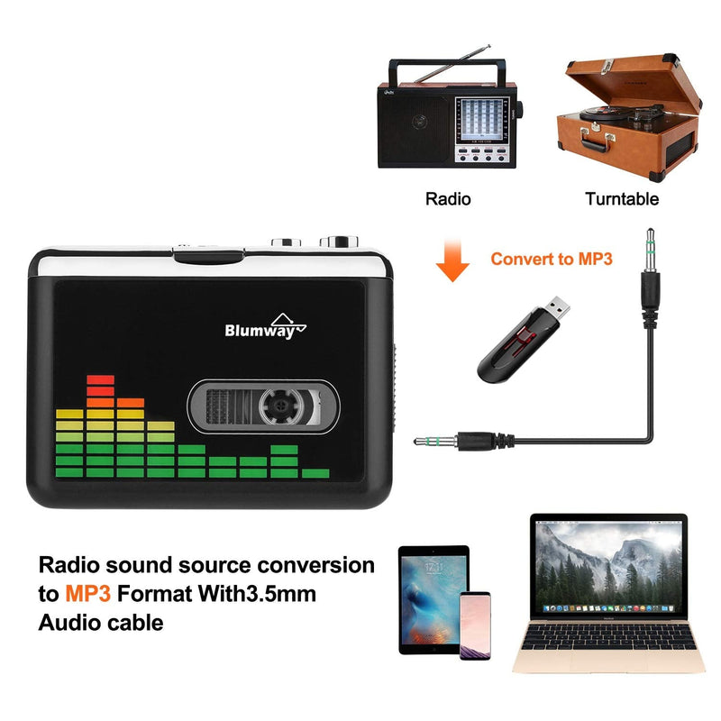 BlumWay USB Cassette to MP3 Converter, Portable Tape Cassette Player to MP3 Format, Audio Music Cassette Tape to Digital Converter with Earphone, Walkman Type, No Need Computer