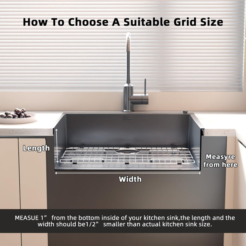 Sink Protector Grid 26-1/16" x 14-1/16", Centered Drain with Corner Radius 3-1/2" for Kitchen Sink Centered Drain with Corner Radius, 304 Stainless Steel Material 26-1/16" x 14-1/16" Centered Drain