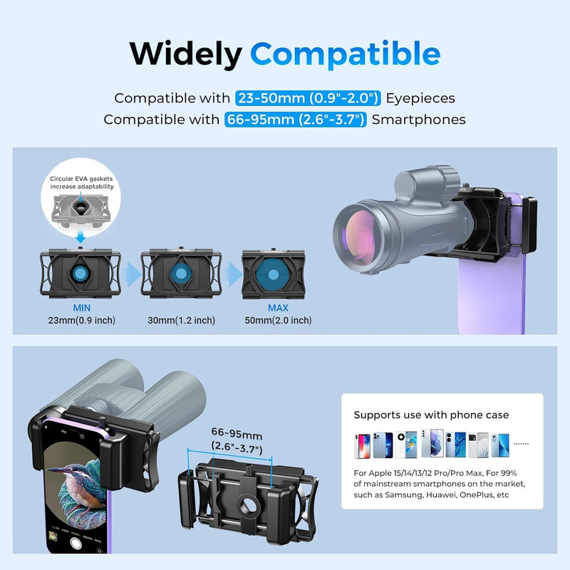 Telescope Phone Adapter, Upgraded Rotatable 360° Binocular Photo Adapter for Android & iPhone,Smartphone Holder Mount for Telescope,Monocular,Binocular,Spotting Scope,Microscope with Bluetooth Shutter