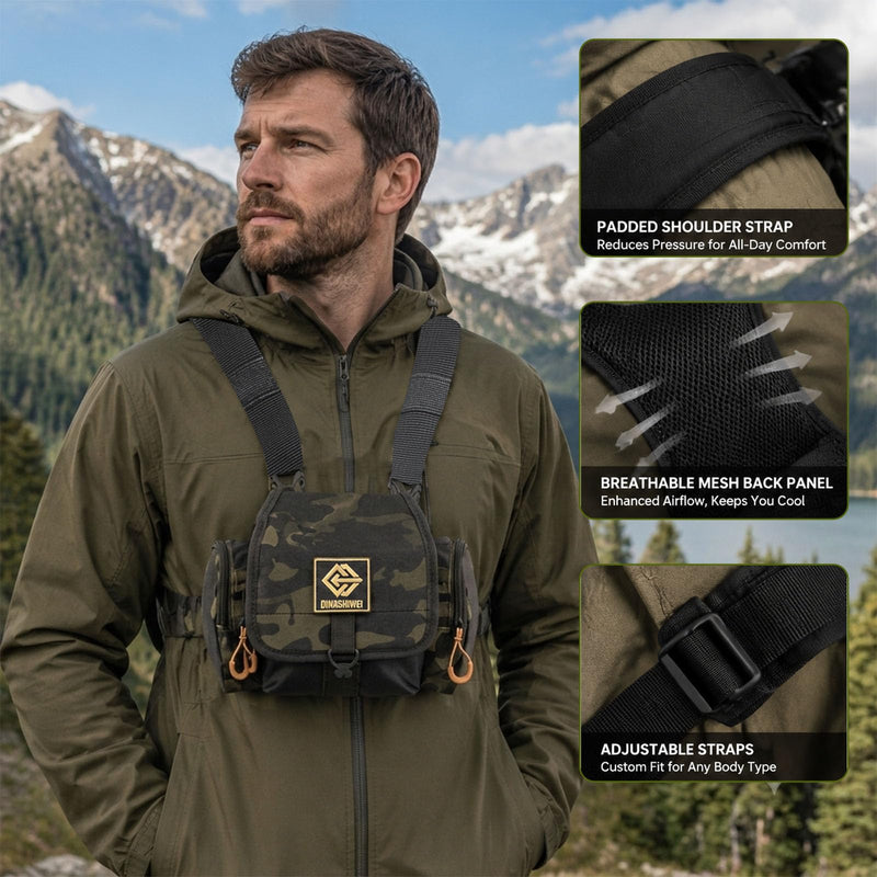 Binocular Chest Pack Camo Hunting Harness with Rangefinder Pouch | Water-resistant camo binocular pack with breathable X-back straps, storage pockets and quick access for hunting & birding