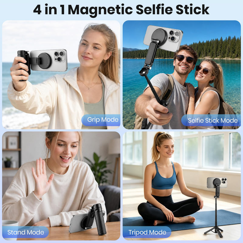 4-in-1 Magnetic Selfie Stick, Pocket Size 360° Rotation Phone Tripod | With Wireless Remote and Metal Ring, Extendable Cell Phone Stand Camera Grip Handle for Video Recording Travel Live Streaming Black