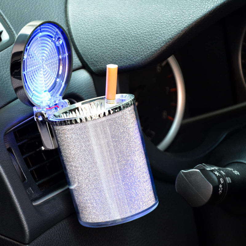Car Ashtray (2-Pack), Auto Ashtray With LED Light, Mini Car Trash Can, Portable Lid, for Car cup holder, Home , Office and Travel(Silver)