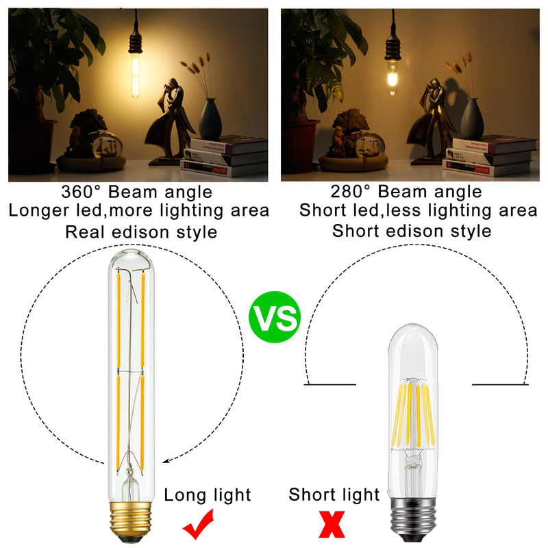 Arberlic 7.3 Inch T10 LED Bulb,6W Tubular Light Bulb Equivalent E26 led Bulb 60 watt dimmable,Warm White 2700K,600lm,CRI85+,AC120V,Clear Glass Long E26 Edison Bulb,Flicker-Free,Pack of 6 7.3 INCH 6W=60W Clear