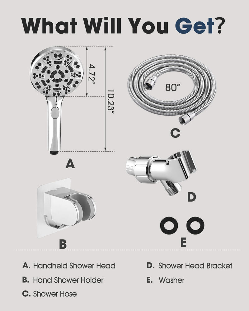 Handheld Shower Head with 6.56ft Extra Long Hose, On Off Switch 8-Seting High Preesure Hand Held Showerhead, Low-Reach Adhesive Holder for Kid, Disable& Elder (Chrome) Chrome