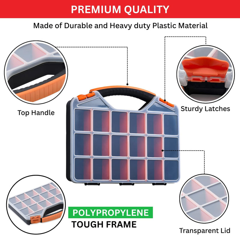 Andalus Tools Organizer Box, Small Parts Storage 18-Compartment Portable Hardware Organizer Removable Plastic Dividers for Screws, Nuts, Bolts, Nails – Orange (2 Pack, 12.75" x 10" x 1.75") 2 Pack (12.75 x 10 x 1.75 Inches)
