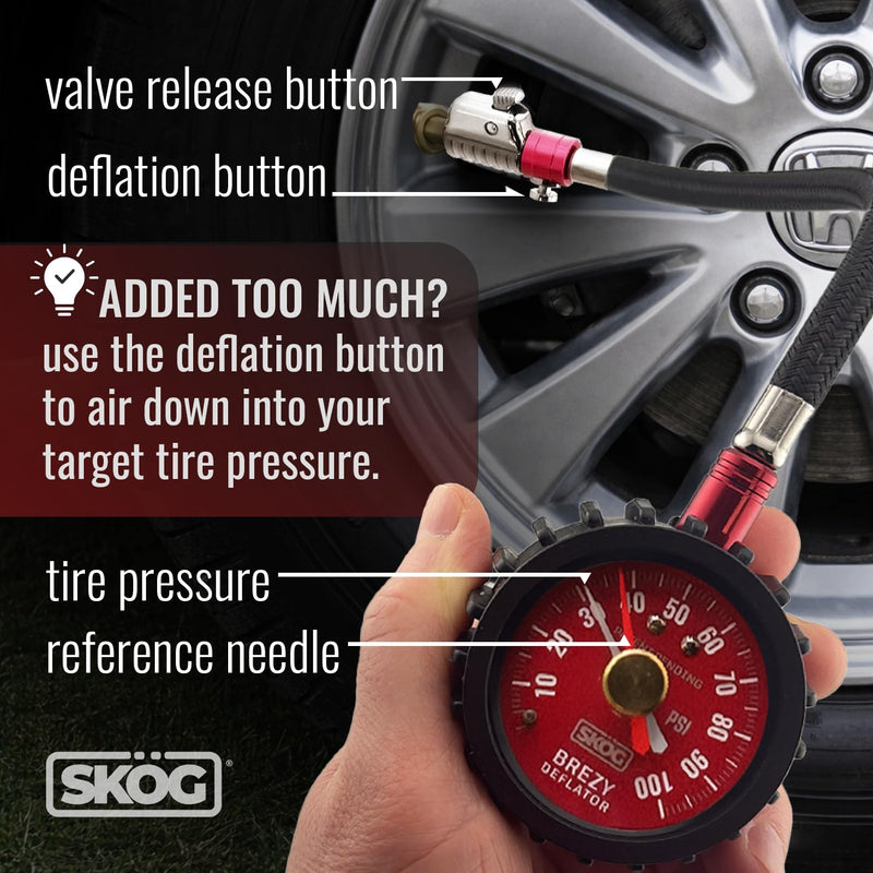 SKÖG Dual-Needle Tire Pressure Gauge 100 PSI | Leak-Free RatchetSeal Patented Quick-Connect | Cars, Trucks, Motorcycles, Bicycles | Battery Free Locking Chuck Tire Gauge 1 Pack