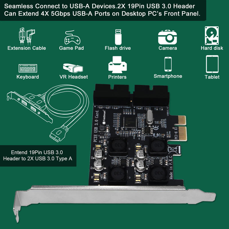 2X 19Pin USB 3.0 Header Ports PCIE USB 3.0 5Gbps Expansion Card for Windows and Linux Desktop PCs, Built in FebSmart Self-Powered Technology, No Need Additional Power Supply (FS-H2-Pro) FS-H2-Pro