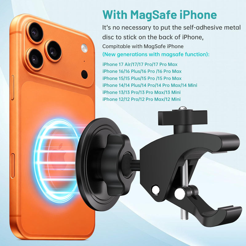 Magnetic Stroller Phone Holder Clamp Mount,20 x N52 Strong Dual Magnets | Handlebar Mount for Treadmill/Peloton/Spin Bike/Gym/Shopping/Golf Carts, Compatible with MagSafe iPhone 12–17 & Android