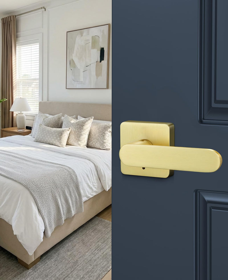 Brushed Gold Door Handles Interior for Bedroom & Bathroom, 1 Pack | Heavy Duty Zinc Alloy, Modern Thick Door Lever with Lock, Keyless Privacy, Reversible Left or Right Handed, Adjustable Latch Brushed Gold
