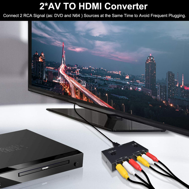 2 RCA to HDMI, 1080P 2 Way RCA Composite CVBS AV Switch to HDMI Video Audio Converter Adapter Supporting 4:3/16:9, for PC Laptop Xbox PS2 PS3 N64 NGC SNES WII VHS VCR Camera DVD 2 Way RCA Converter