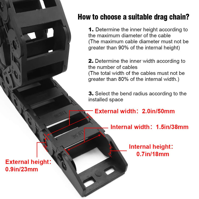 Pack of 2, R38 18mm x 38mm(Inner H x Inner W) Black Plastic Cable Wire Carrier Drag Chain 1M Length for CNC, with End Connectors - Bridge Type (Inner Side openable) 18*38A(2pc） Openable(Bridge Type)