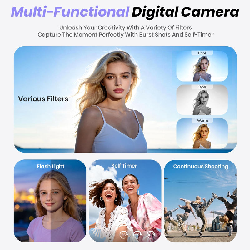 5K Digital Camera for Photography, 2026 Latest 80MP Autofocus WiFi Vlogging Camera for YouTube, 3'' 180° Flip Screen Compact Travel Camera for Beginners with 16X Zoom, 32GB TF Card, Flash (White) White