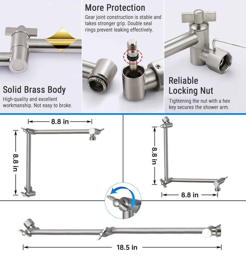 G-Promise 18 Inch Shower Extender with 6 Inch Shower Arm and Flange, Solid Brass Height & Angle Adjustable Extension Arm with Lock Joint, Compatible with Rainfall or Fixed Shower Head (Brushed Nickel) Brushed Nickel