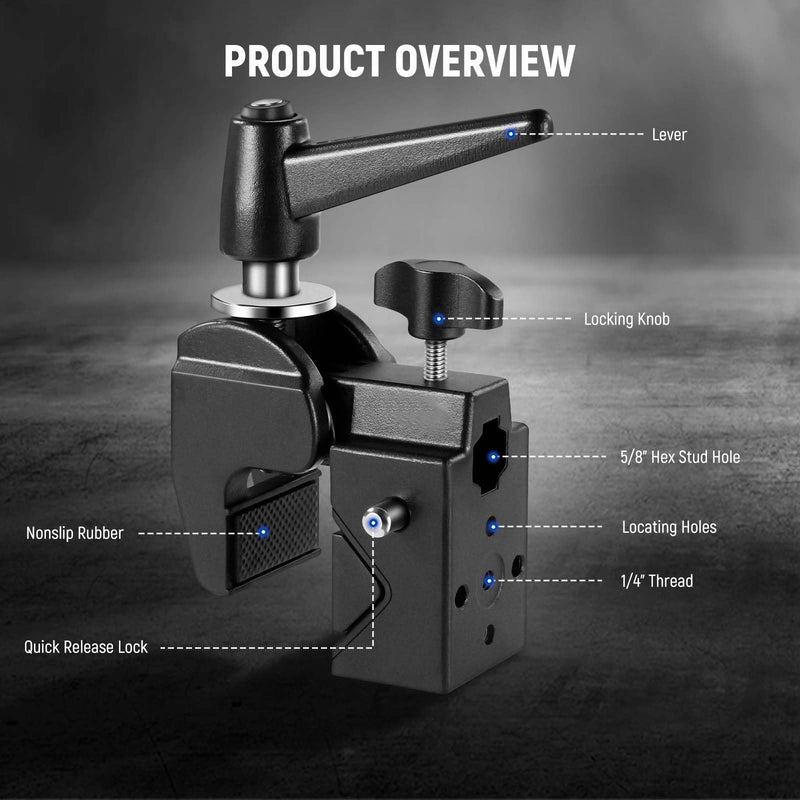 NEEWER Super Clamp with 5/8" Stud, Spring Lock, 2.4" Jaw Grip Heavy Duty Crab Pole Clamp for Round Pipe Flat Surface, for Photography Studio Camera Lighting Mounting, Max Load 33lb/15kg, UA017