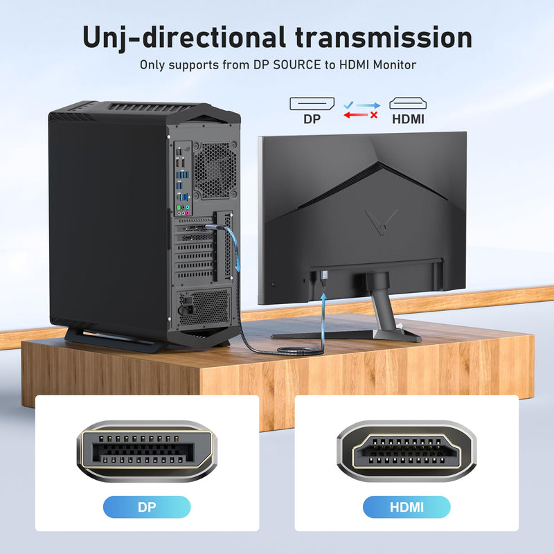 8K DisplayPort to HDMI 2.1 Cable 10FT 8K@60Hz 4K@120Hz Uni-Directional DP (Source) to HDMI (Display) Braided Cord DP to HDMI Compatible with PC, Dell, AMD, Lenovo, Monitor, HP 10 Feet