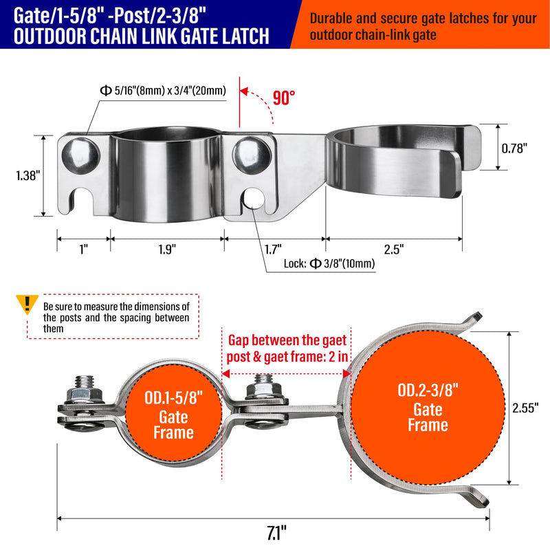 Heavy Duty Stainless Steel 1-5/8" x 2-3/8" Chain Link Fence Gate Fork Latch with Hole for Padlock（Fit 1 5/8" Gate Frame） 1Pack 1-5/8''x2-3/8''-1P