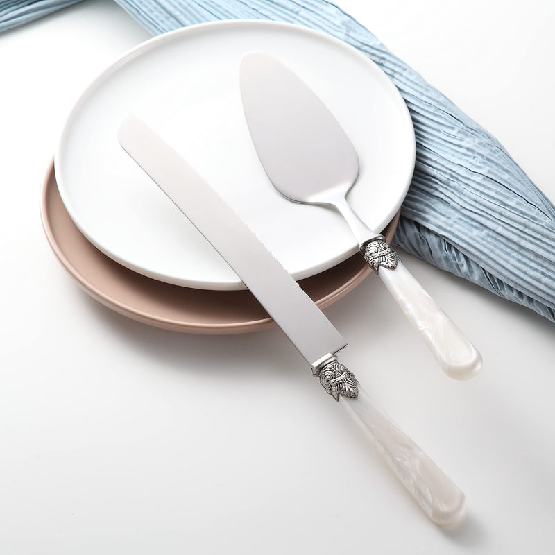 Wedding Cake Knife and Serve Set, Fancy Hand Craft Italian Style Design, Pearl Pie Knife Server Set, Vintage Silverware,Cake Cutter Set, Cake Knife Gift Set, 2 pcs (White) White