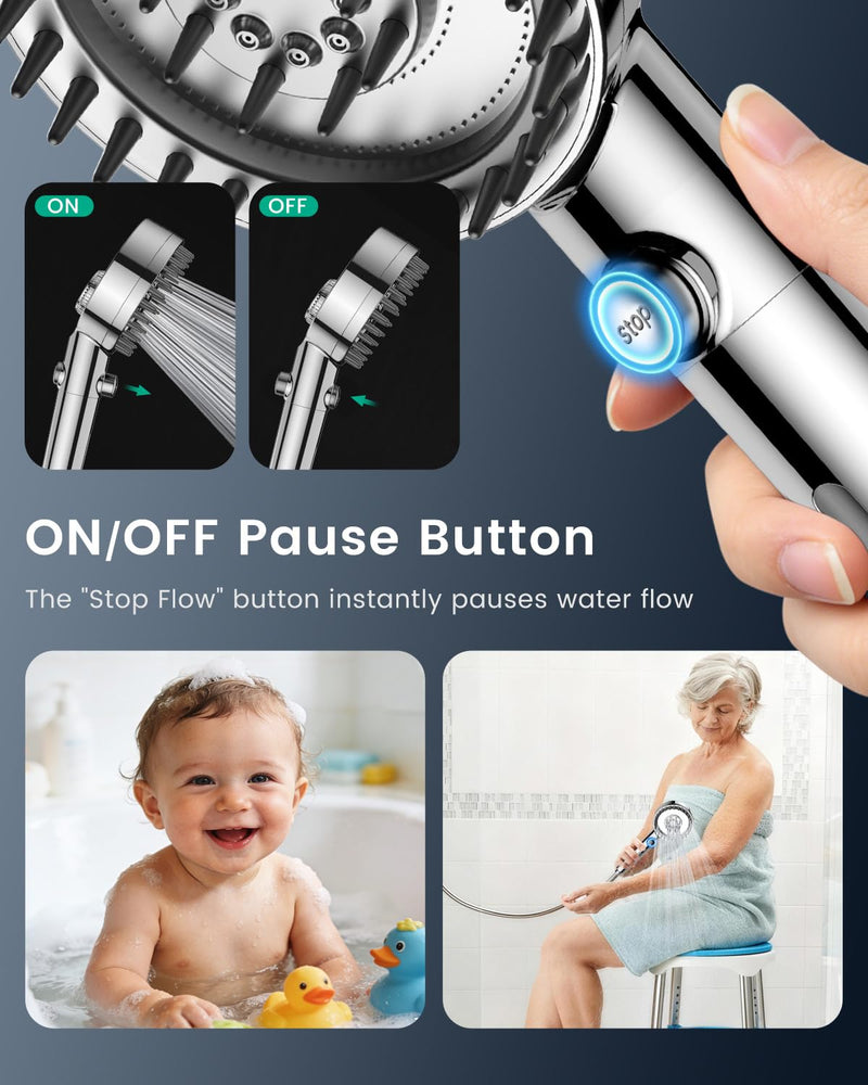 Filtered Shower Head with Handheld, High Pressure 4 Spray Mode Showerhead with Filters for Hard Water Softener, Handheld Shower Heads Filter with ON/OFF Switch for Pets Chrome