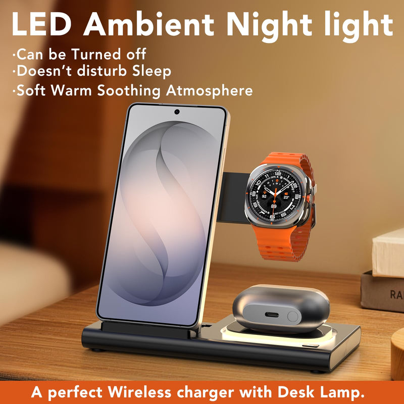 Wireless Charger for Samsung Charging Station, Foldable & Nightlight | 3 in 1 Charging Station for Samsung S26-S10/Note/Z Fold Flip8,Travel Charger for Galaxy Watch 8-1/Buds,Not for Watch 9/Ultra2 black